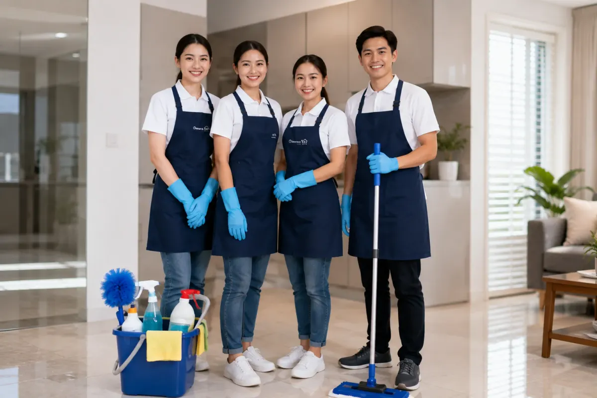 ทีมงาน ALTA สี่คนในชุดยูนิฟอร์ม พร้อมอุปกรณ์ทำความสะอาด